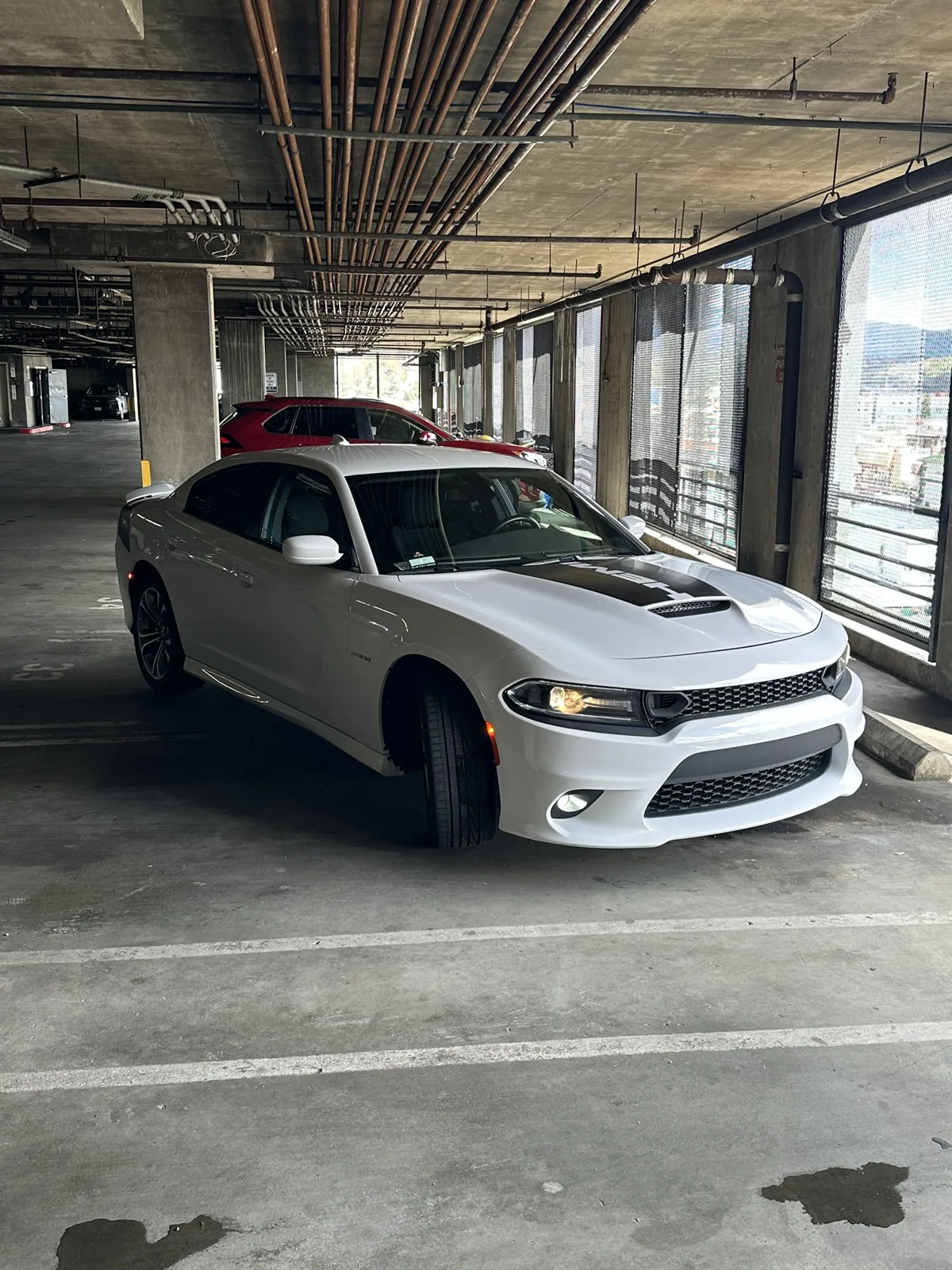 White Dodge Charger with HEMI hood stripe